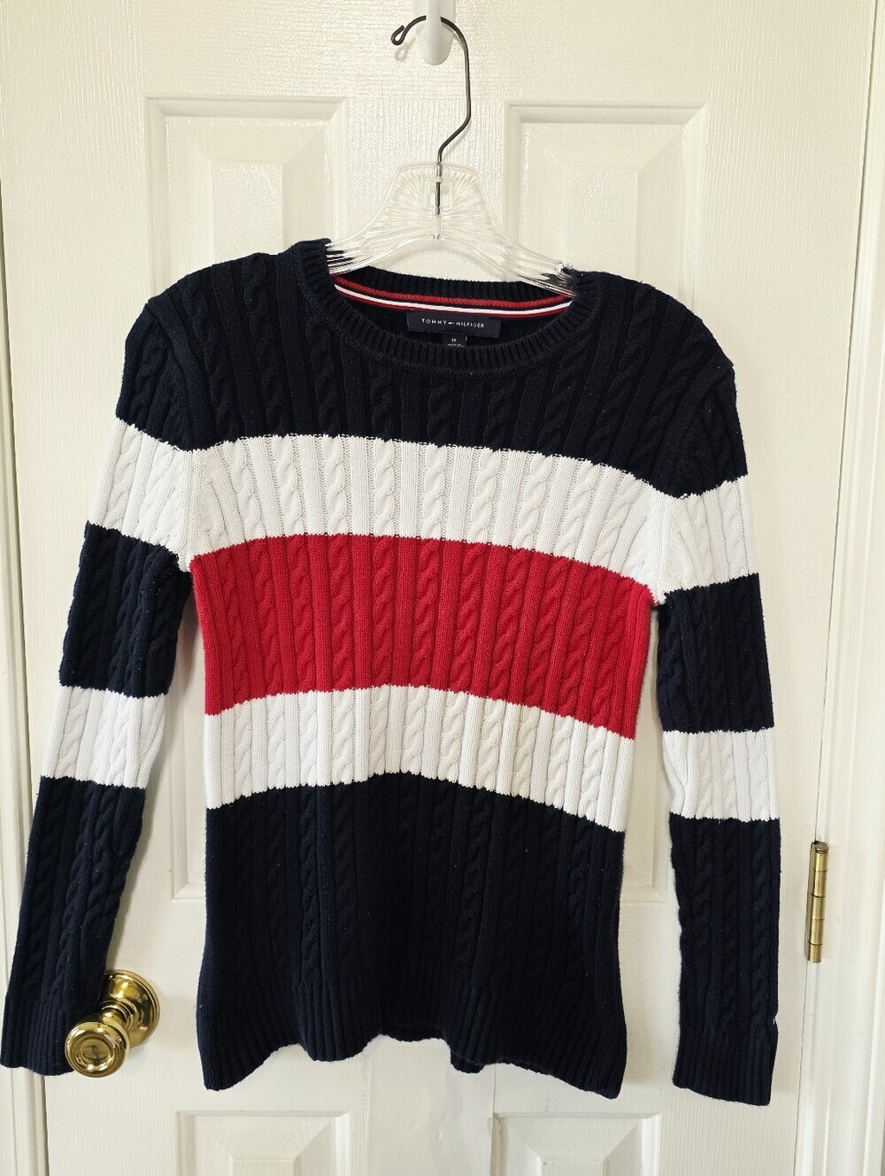 Tommy Hilfiger Navy White Red Cable Knit Crew Sweater Medium
